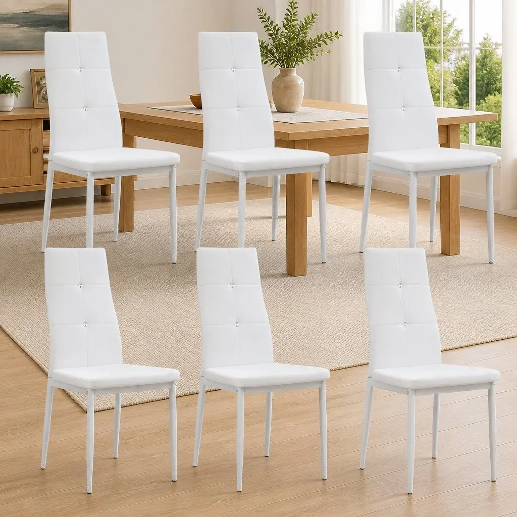6 White Faux Leather Dining Chairs Set
