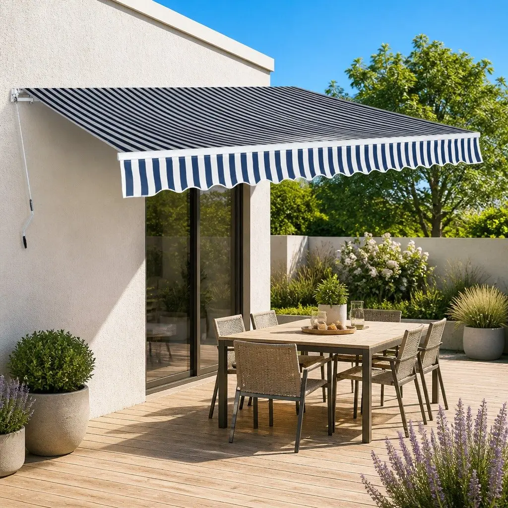 Folding Manual Awning 400cm Garden Patio Outdoor Shade Canopy Blue White