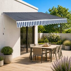 Folding Manual Awning: 400cm Aluminium Frame, Blue White