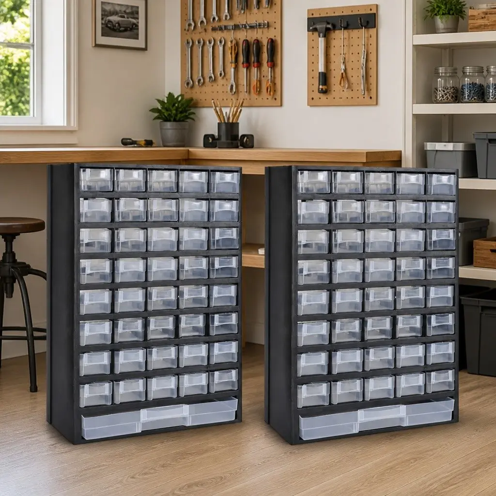 Plastic Organizer Storage Cabinet for Tools and Workshop Black 41 Drawers Set of 2
