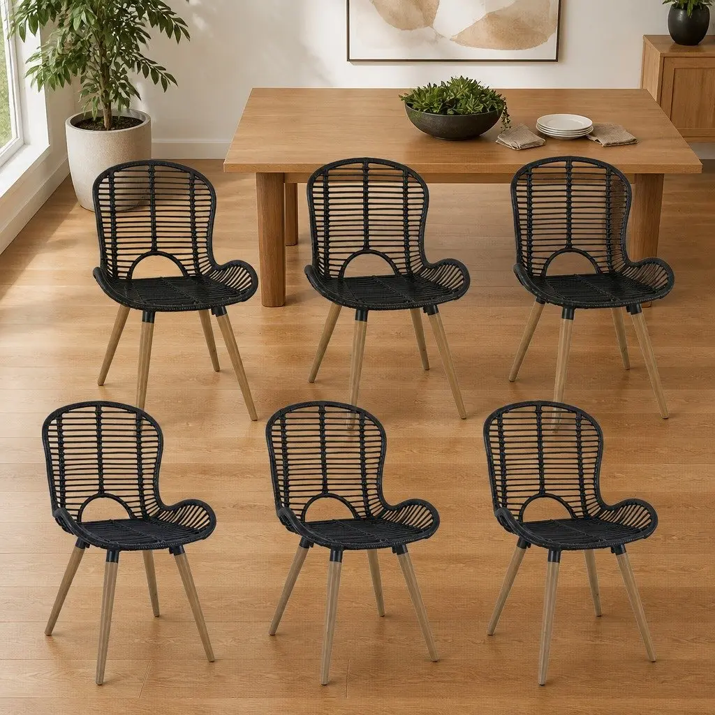 Rattan Dining Chairs Set of 6 Kitchen Living Room Black