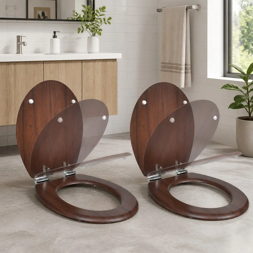 MDF Toilet Seats Soft Close Lids Adjustable Brown for Standard Toilets 2 Piece Set