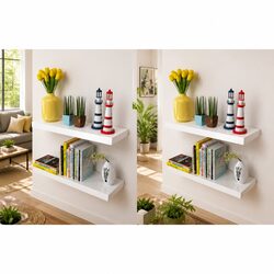 4 White Floating Wall Shelves - 60 cm MDF Display Set