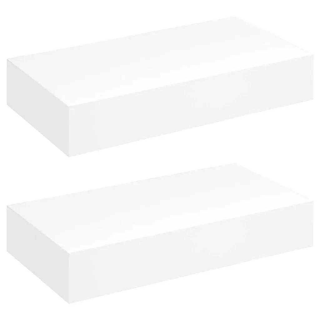 White Floating Wall Shelves with Drawer Storage Display 48cm Set of 2