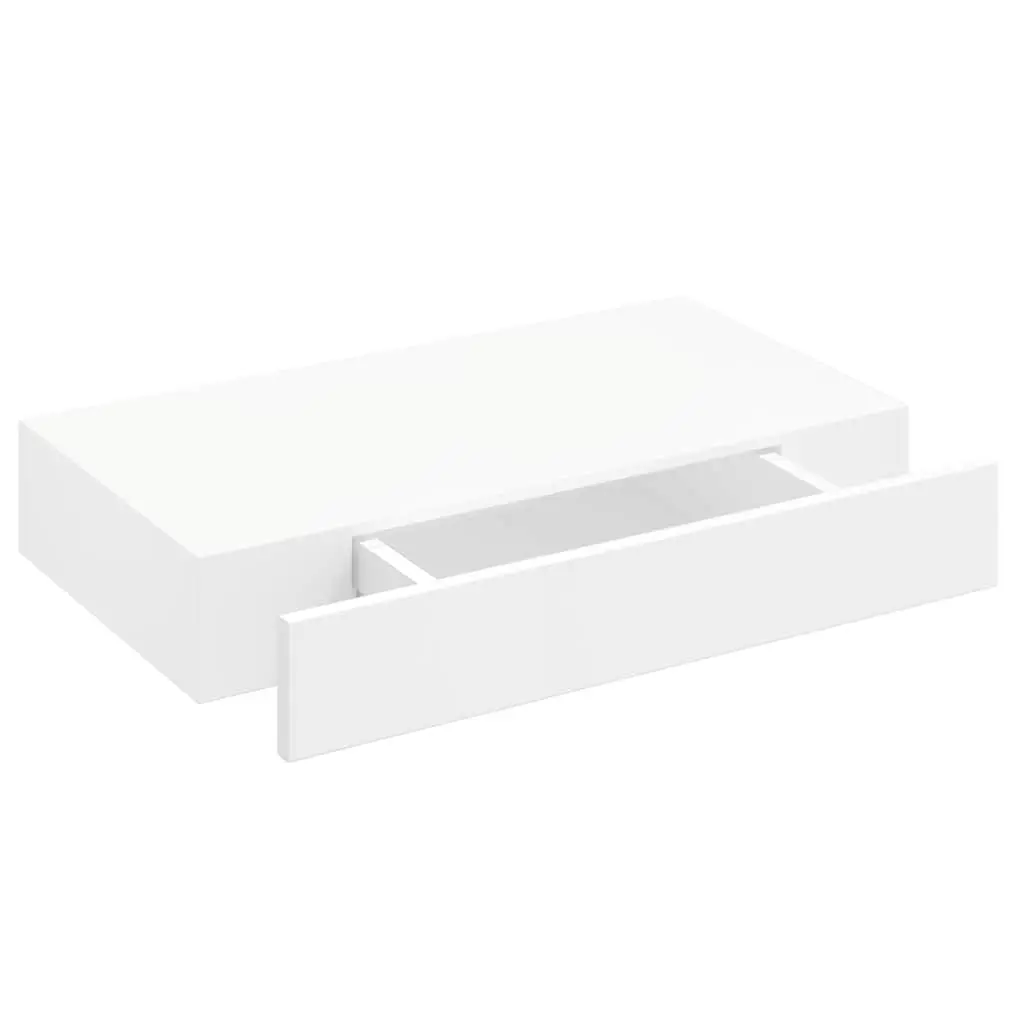 White Floating Wall Shelves with Drawer Storage Display 48cm Set of 2