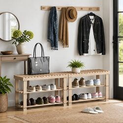 Shoe Rack with Bench: Solid Wood, Brown, 2-Pack