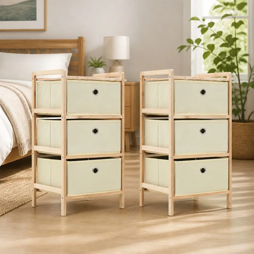 Storage Rack for Home Use with 3 Fabric Baskets Beige 2 Pack