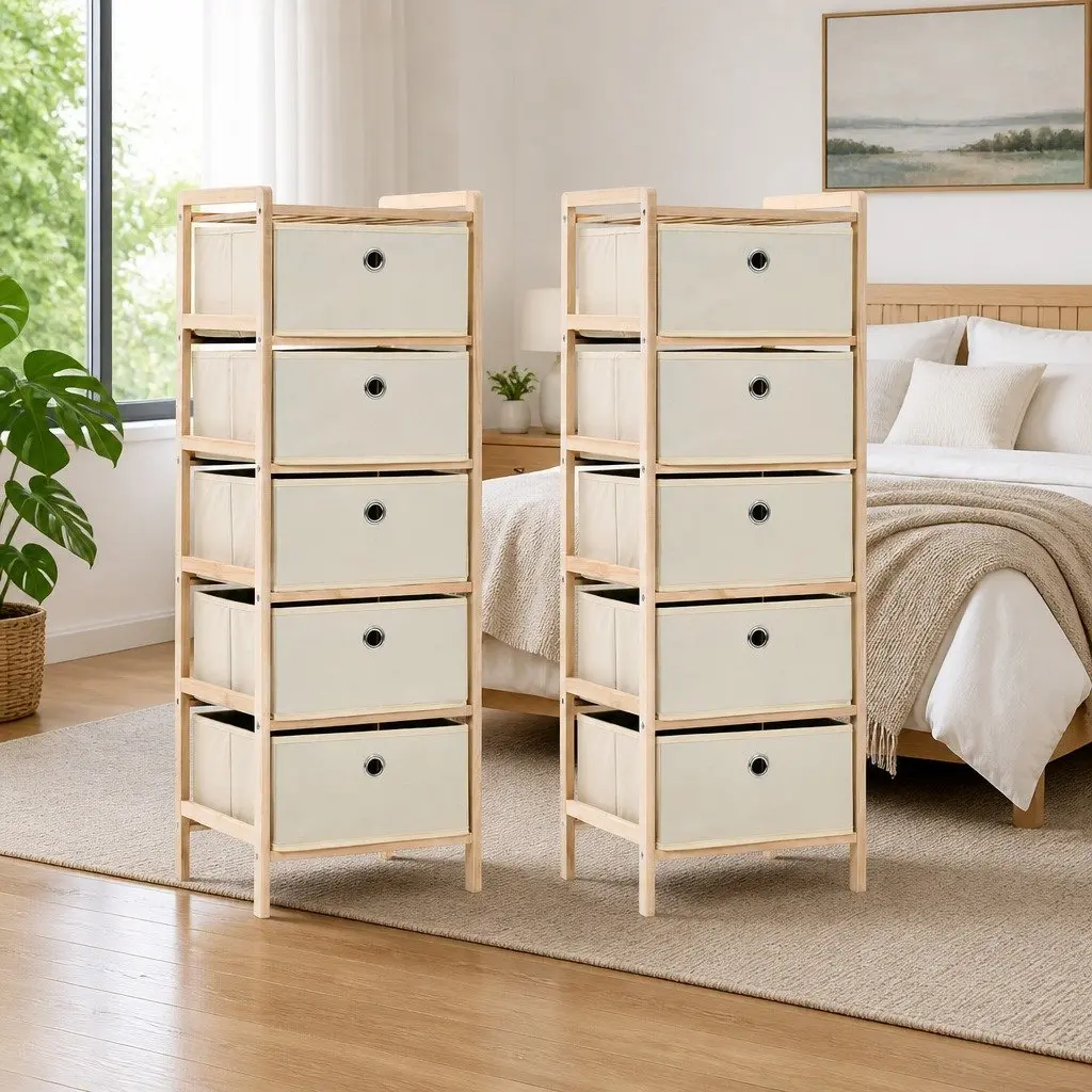 Storage Rack with 5 Fabric Baskets 2 Pack Beige Wooden Cabinet Organiser
