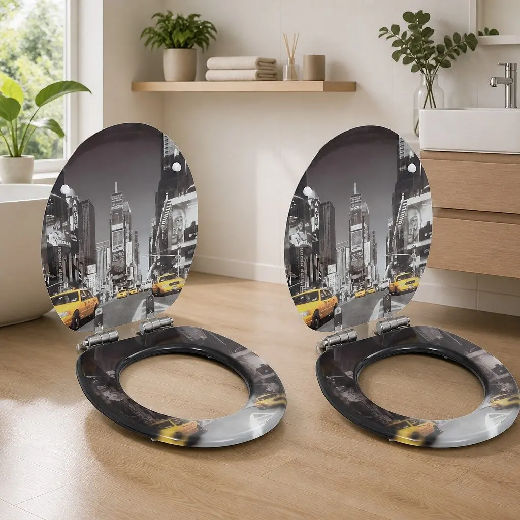 Grey MDF Toilet Seats with Soft Close Function, Set of 2