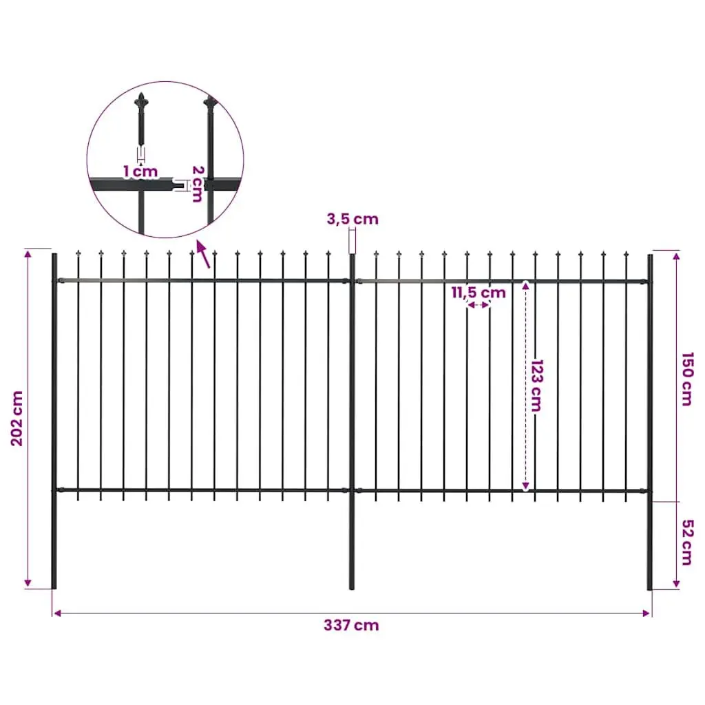 Garden Fence Panel Steel Spear Top Outdoor Decorative Barrier 359x150cm Black