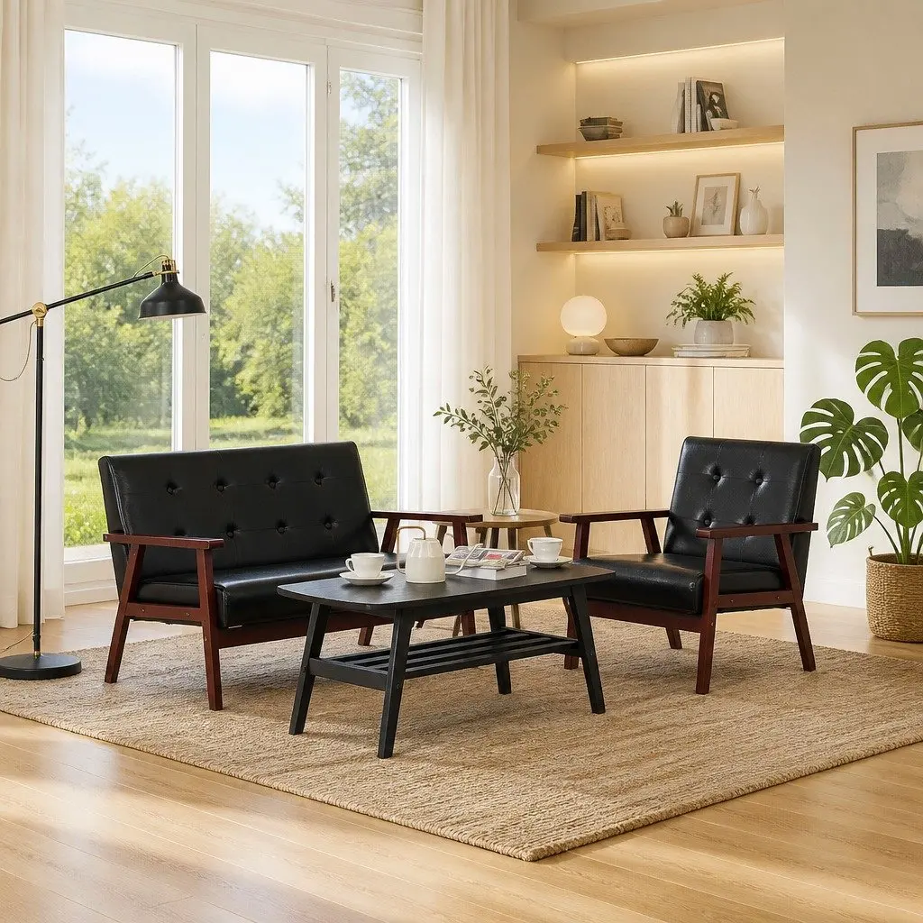 2 Piece Sofa Set Living Room Black 2-Seater Armchair Couch