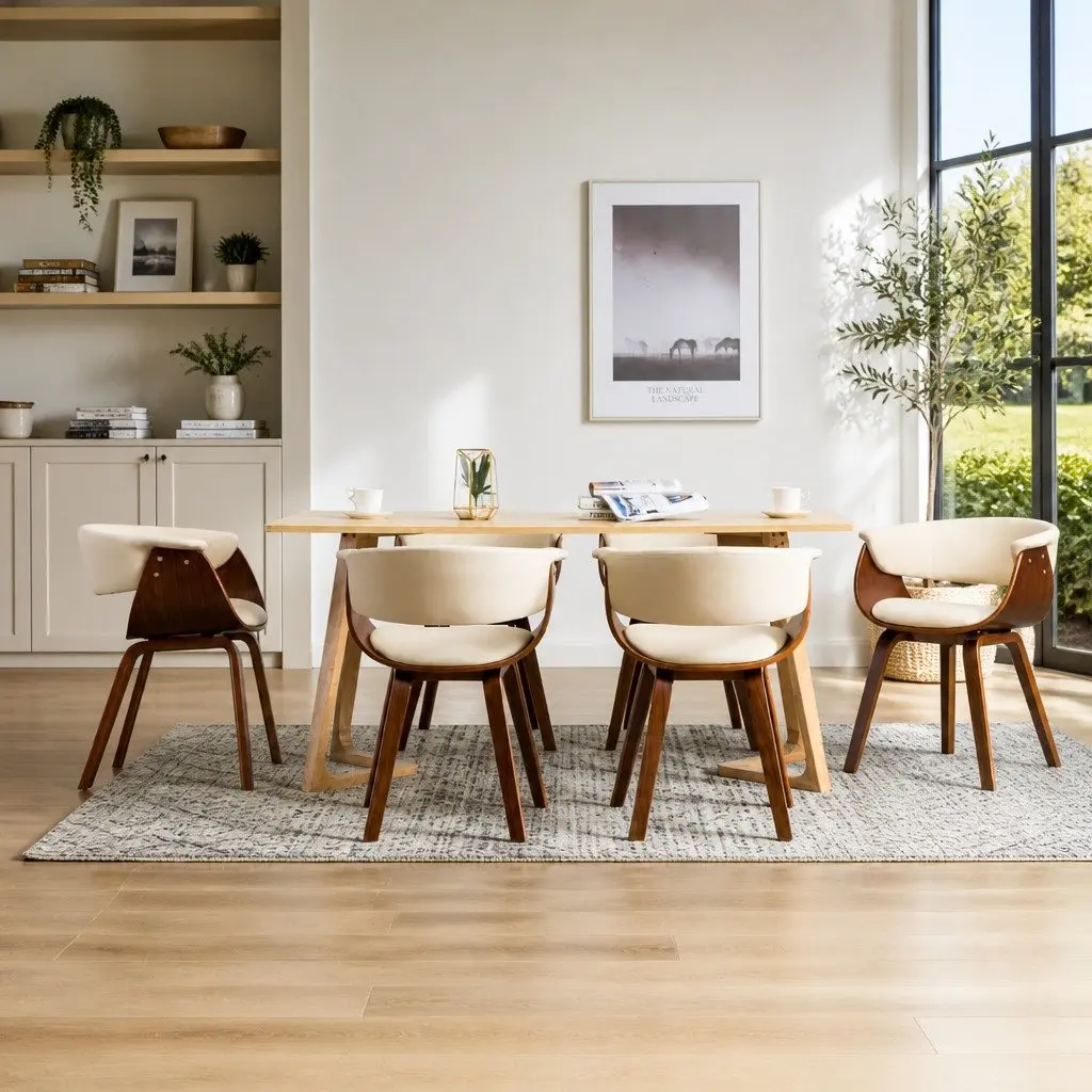 Dining Chairs for Dining Room Kitchen Set of 6 Cream Bent Wood Frame Faux Leather Upholstered