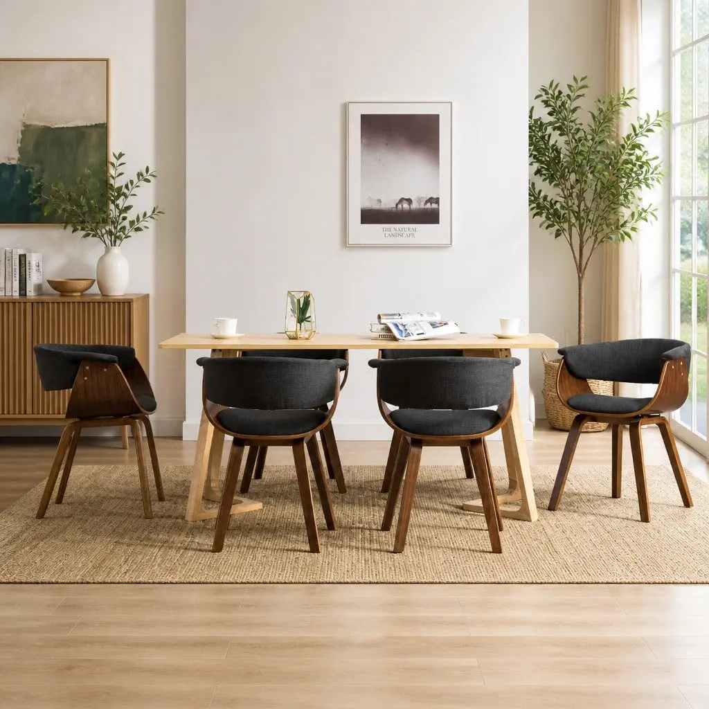 Dining Chairs Set 6 Piece Kitchen Room Grey Bent Wood Frame Fabric Seat