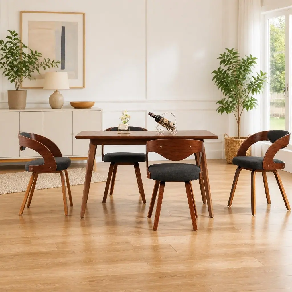 Dining Chairs Set 4 pcs Grey Bent Wood Frame Fabric Upholstered Kitchen Seating