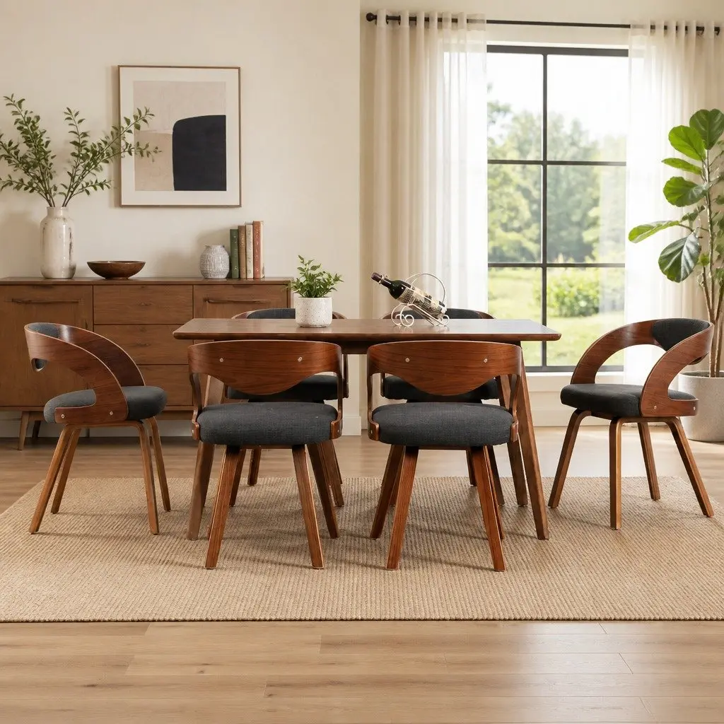 Dining Chairs Kitchen Room Set of 6 Grey Bent Wood Frame Fabric Upholstered