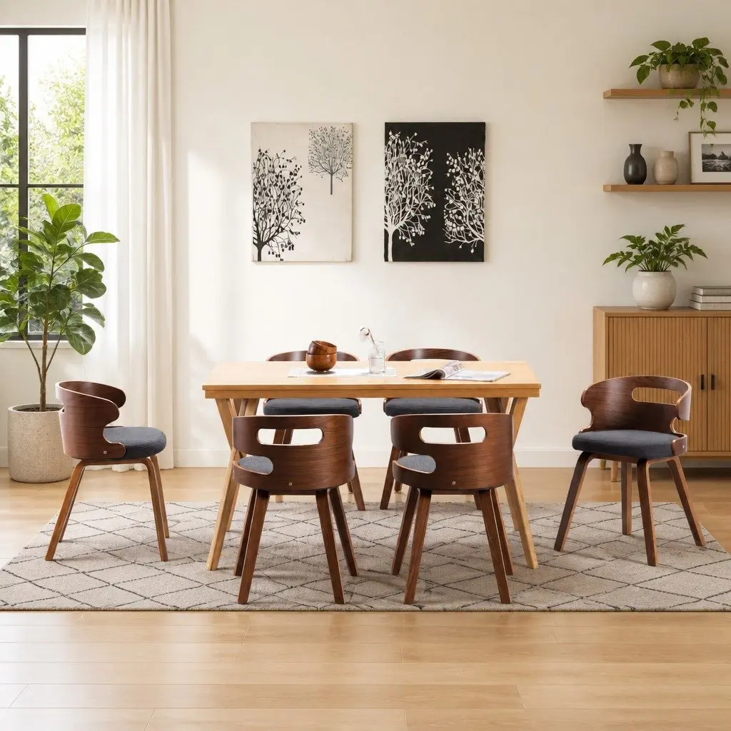 Dining Chairs Set 6 Piece Kitchen Dining Room Grey Fabric Upholstered Bent Wood Frame