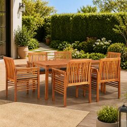 7 Piece Outdoor Dining Set: Brown Acacia Wood, 1 Table, 6 Chairs
