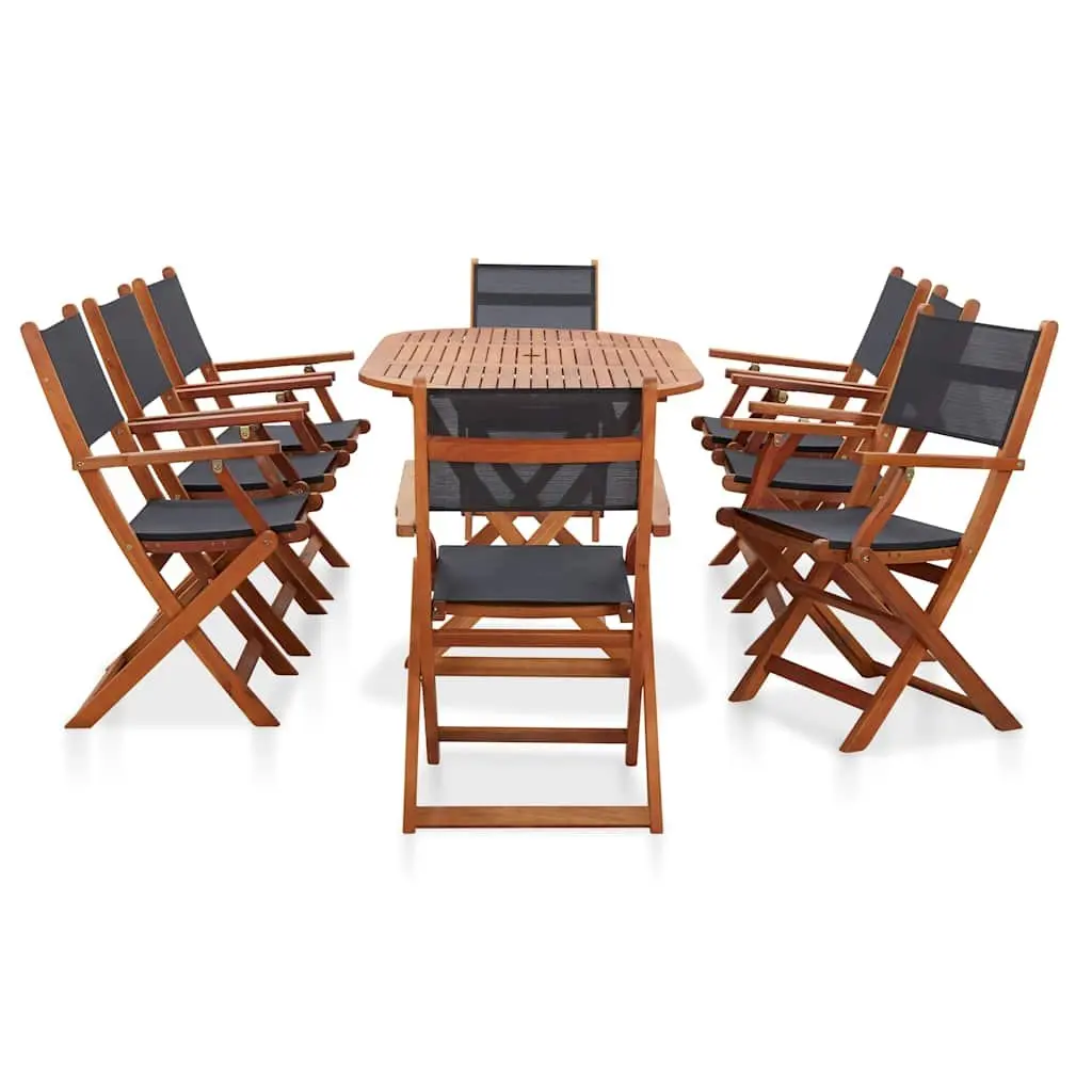 9 Piece Outdoor Dining Set Solid Eucalyptus Wood Textilene Foldable Garden Patio
