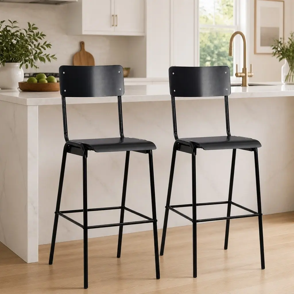 Bar Stools Kitchen Dining Black Stackable Plywood 2 Piece