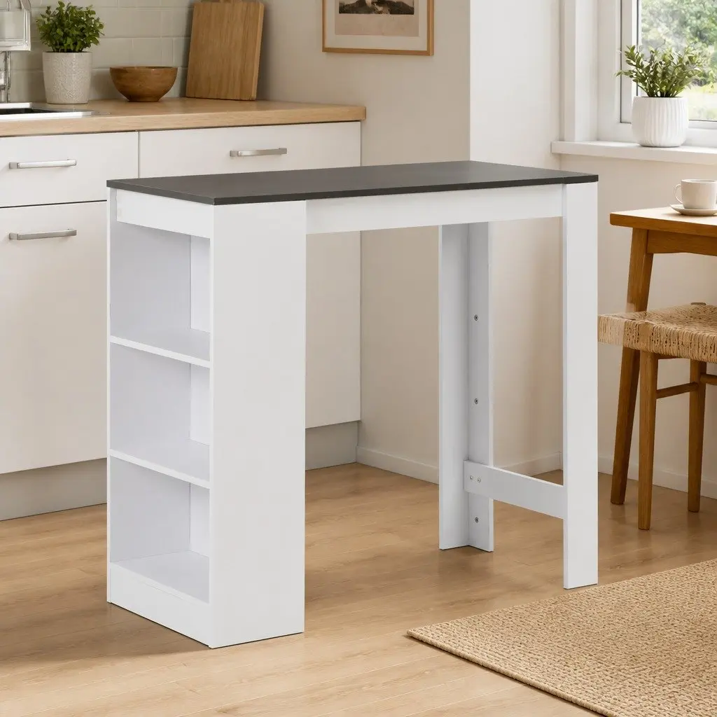 Bar Table with Storage Shelf White Kitchen Dining Room High Table Compact Space