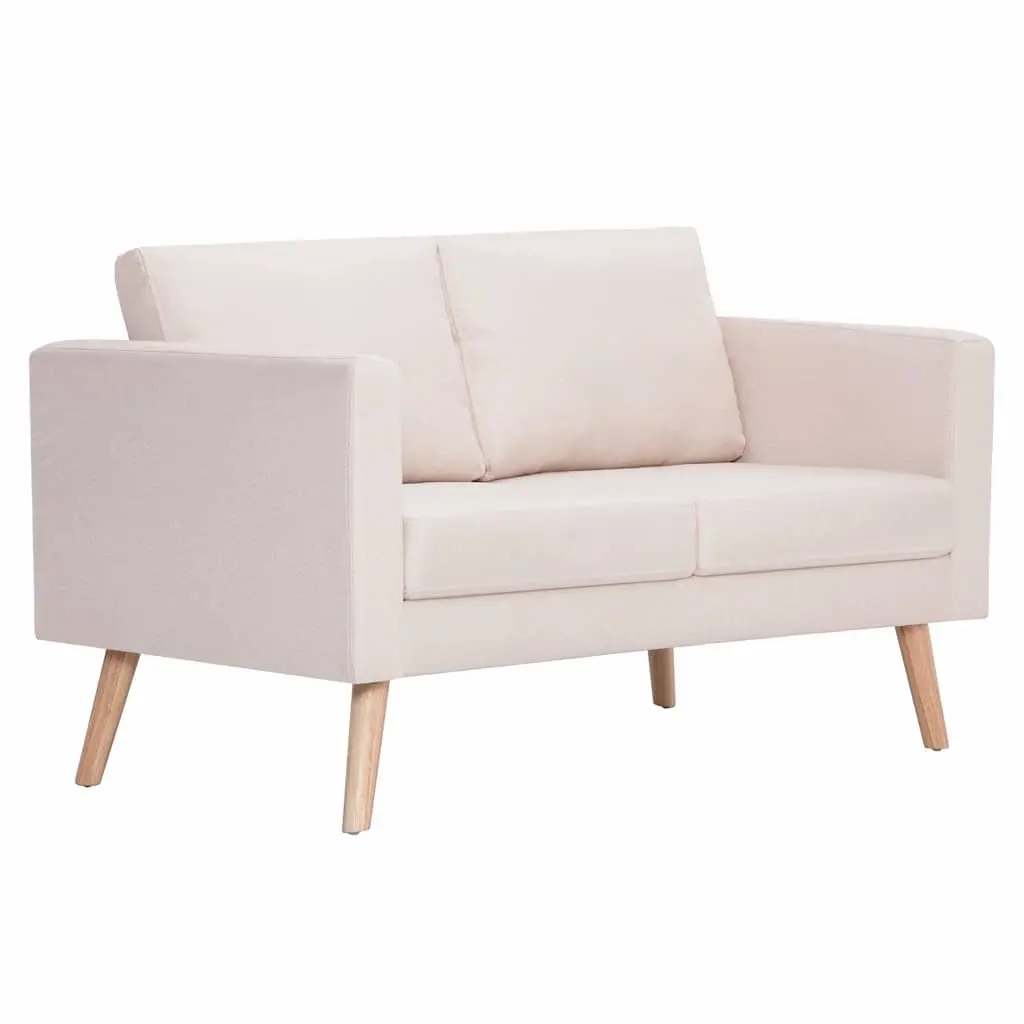 2-Seater Sofa Fabric Cream Living Room Couch Padded Cushions Wooden Frame