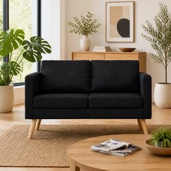 2-Seater Sofa - Black Fabric, Wooden Frame