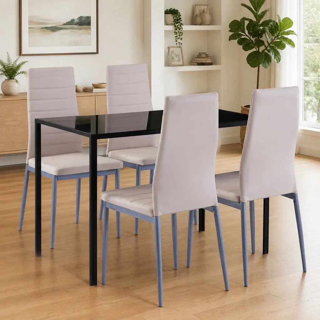 Dining Table Set 5 Piece Kitchen Modern Glass Top Beige
