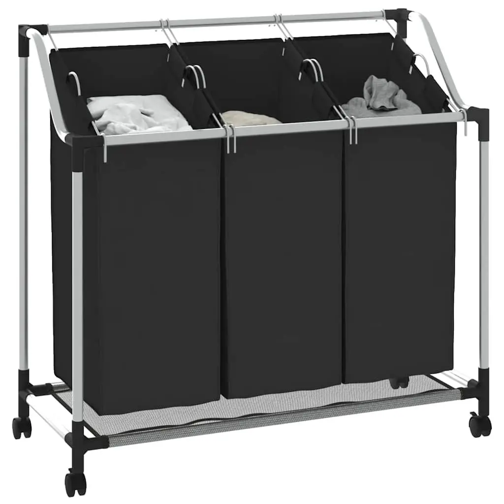 Laundry Sorter 3 Bags Black Steel Frame Wheels Handles Utility Room Organizer
