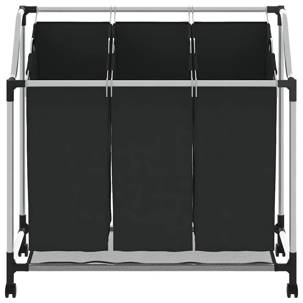 Laundry Sorter 3 Bags Black Steel Frame Wheels Handles Utility Room Organizer