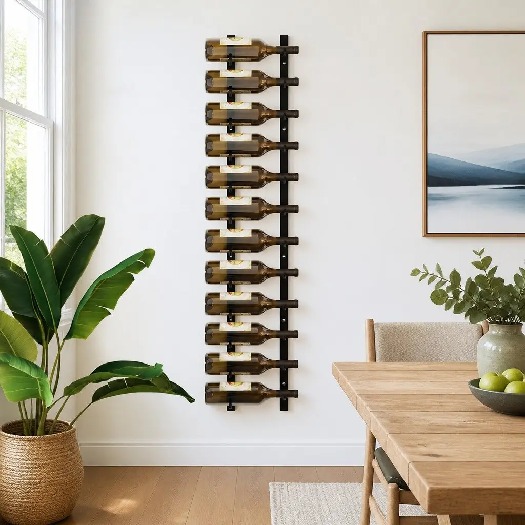 Wall Mounted Wine Rack for Home Use Black Iron 12 Bottle Capacity