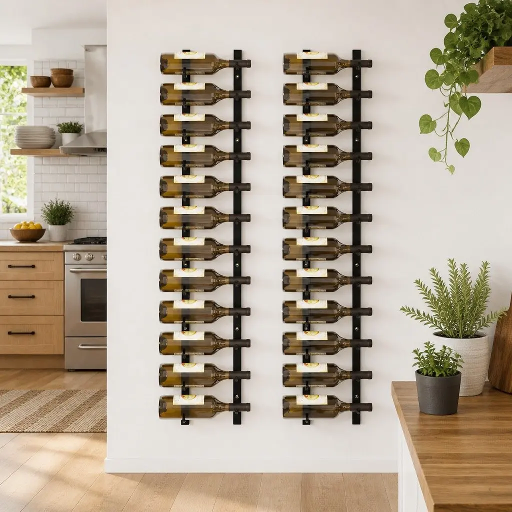 Wall Mounted Wine Rack 12 Bottles Black Iron Storage Organiser Set of 2