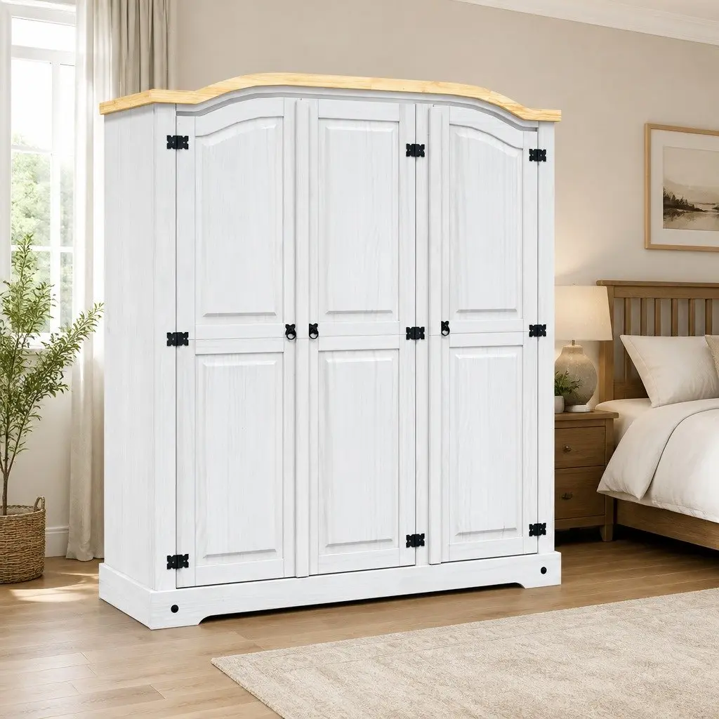 3-Door White Wooden Wardrobe