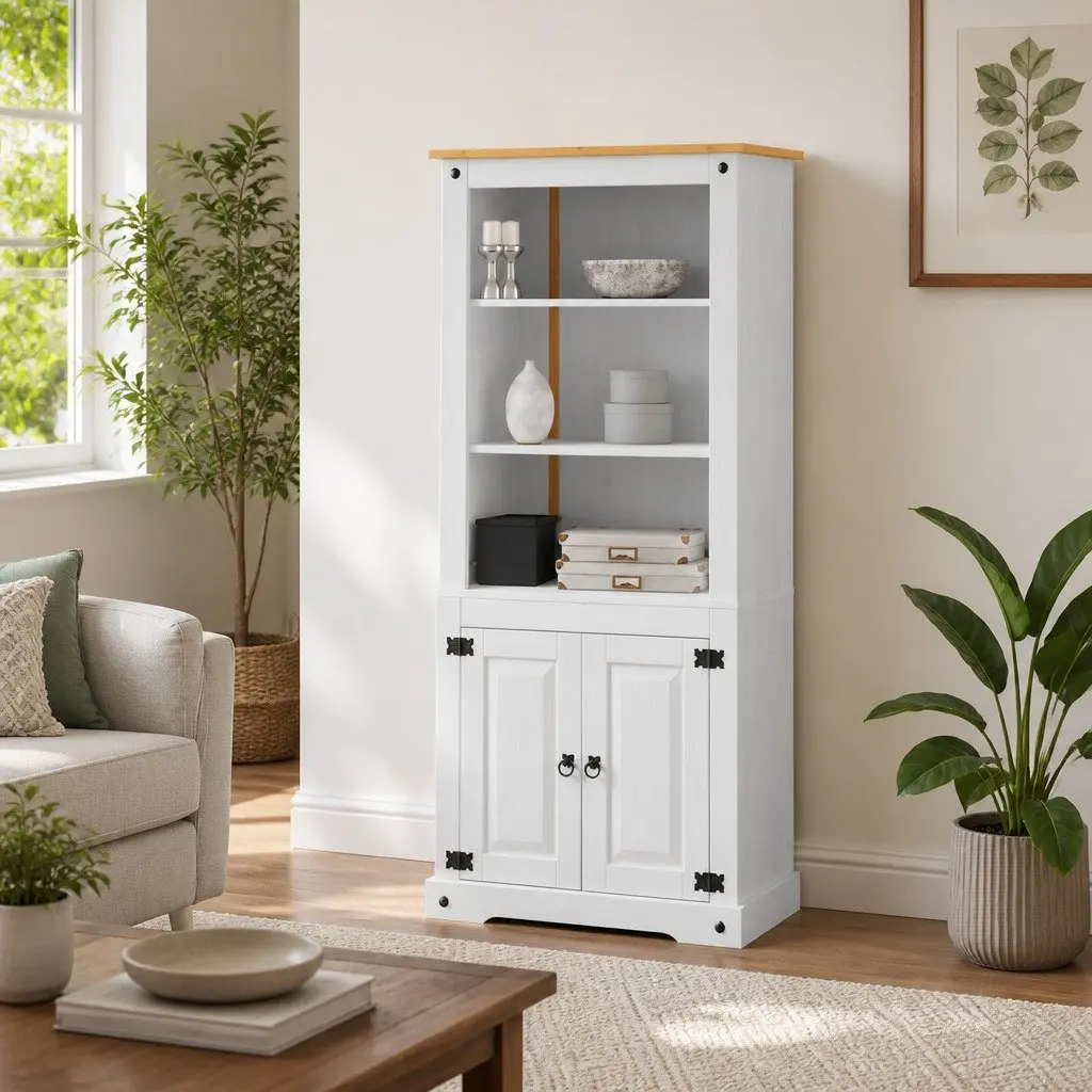 Storage Cabinet Living Room White Solid Pinewood Open Shelves Display Unit