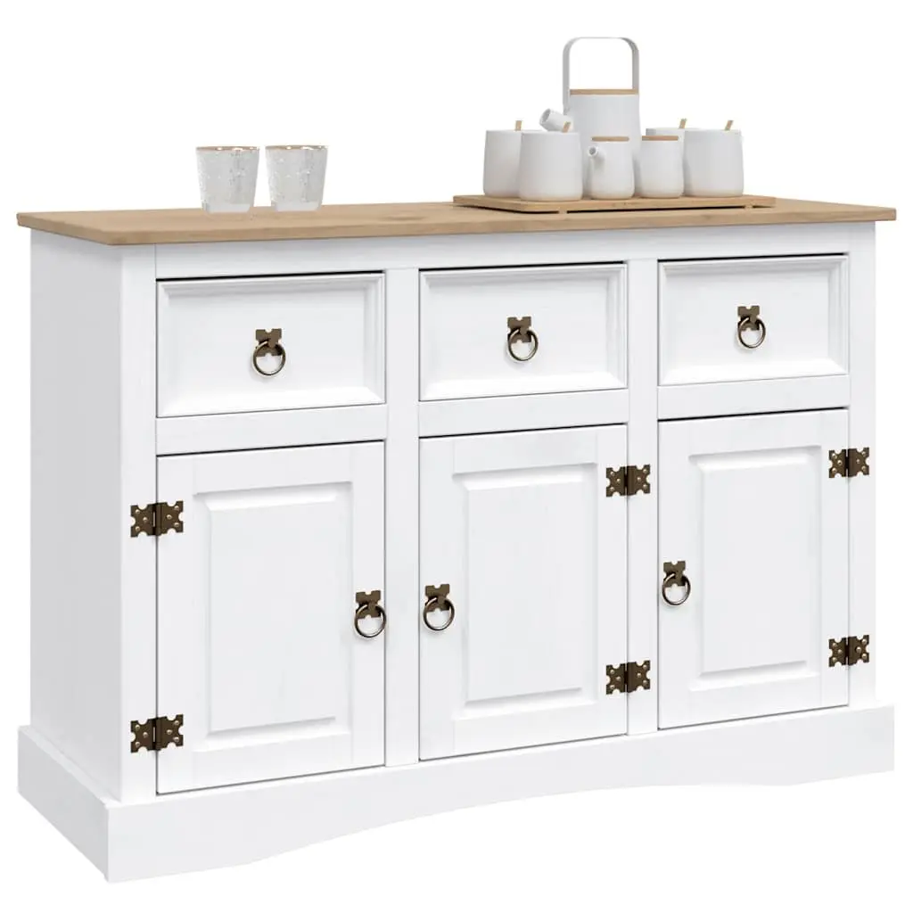 Sideboard White Solid Pinewood Storage Cabinet 3 Doors Drawers Compartments