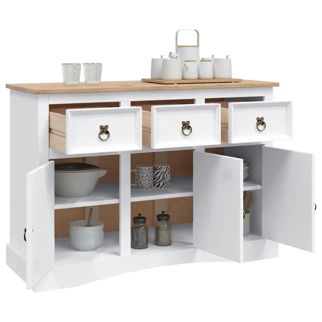 Sideboard White Solid Pinewood Storage Cabinet 3 Doors Drawers Compartments