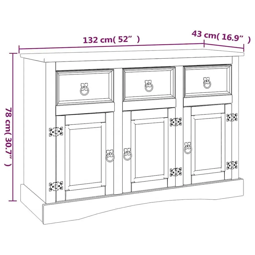 Sideboard White Solid Pinewood Storage Cabinet 3 Doors Drawers Compartments