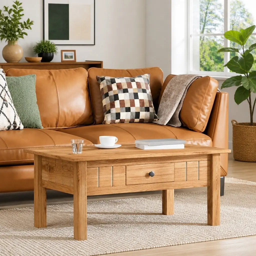 Solid Pine Wood Coffee Table with Drawer Brown Accent Furniture Living Room