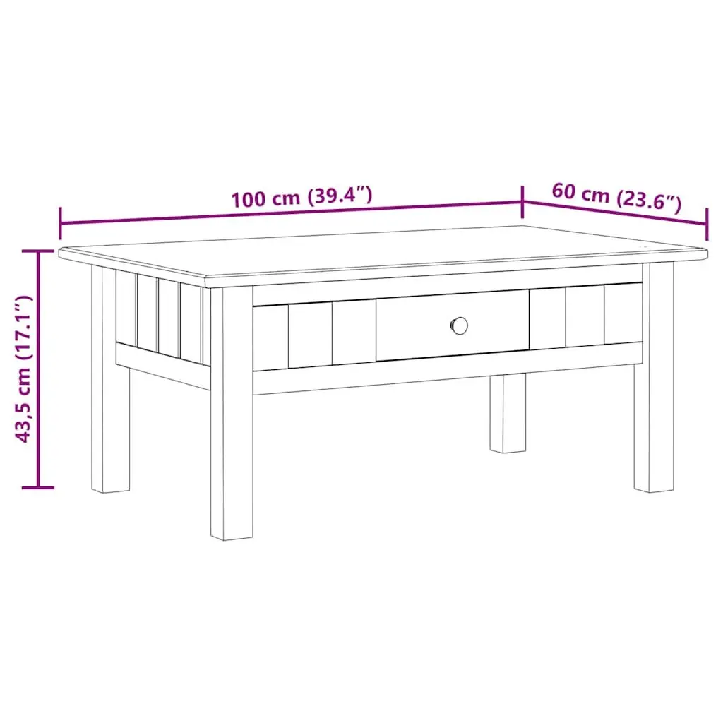 Solid Pine Wood Coffee Table with Drawer Brown Accent Furniture Living Room