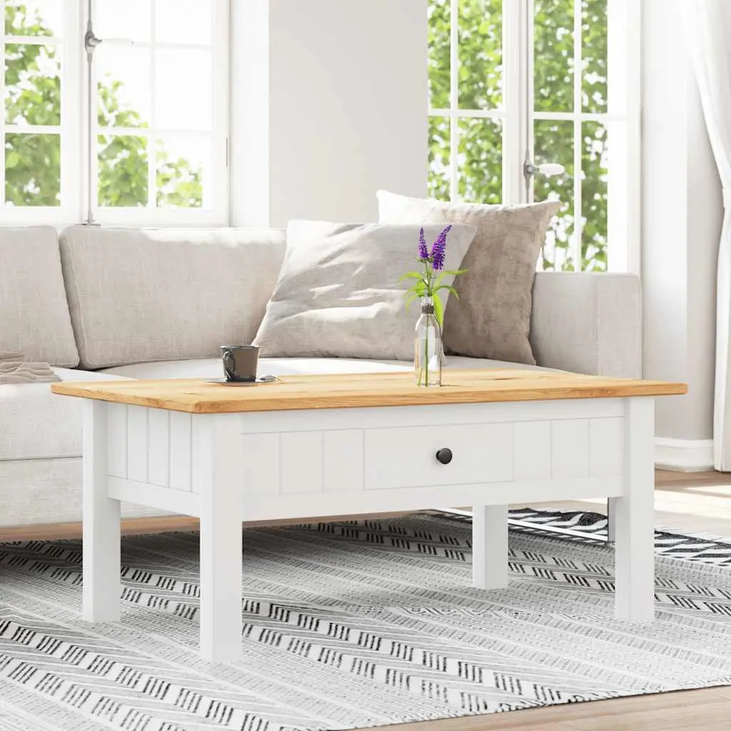 Coffee Table White Solid Pine Wood Drawer Storage Accent Living Room Furniture