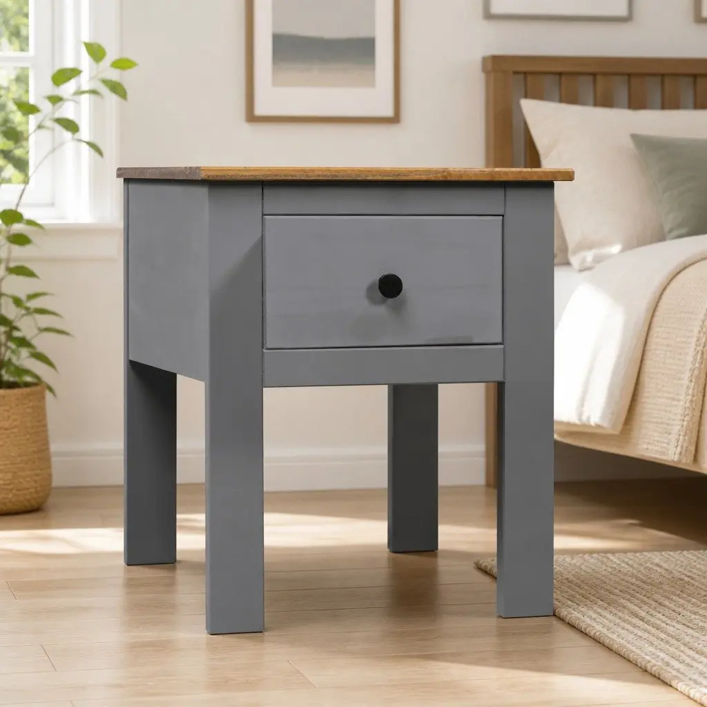 Bedside Table Grey Pine Wood Nightstand Drawer Storage 46x40x57cm