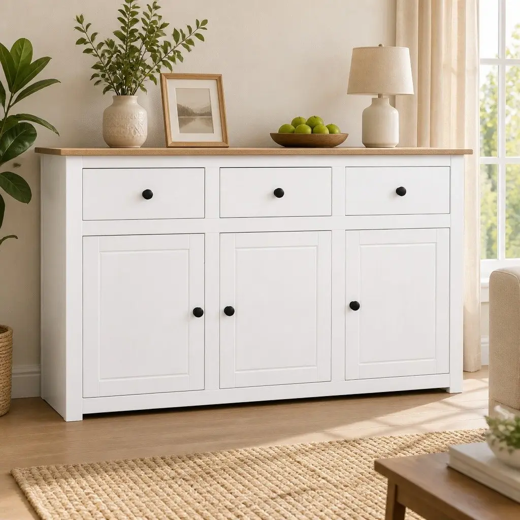Sideboard Storage Cabinet for Home 135W x 40D x 80H cm White Solid Pinewood with 3 Drawers and Display Compartment