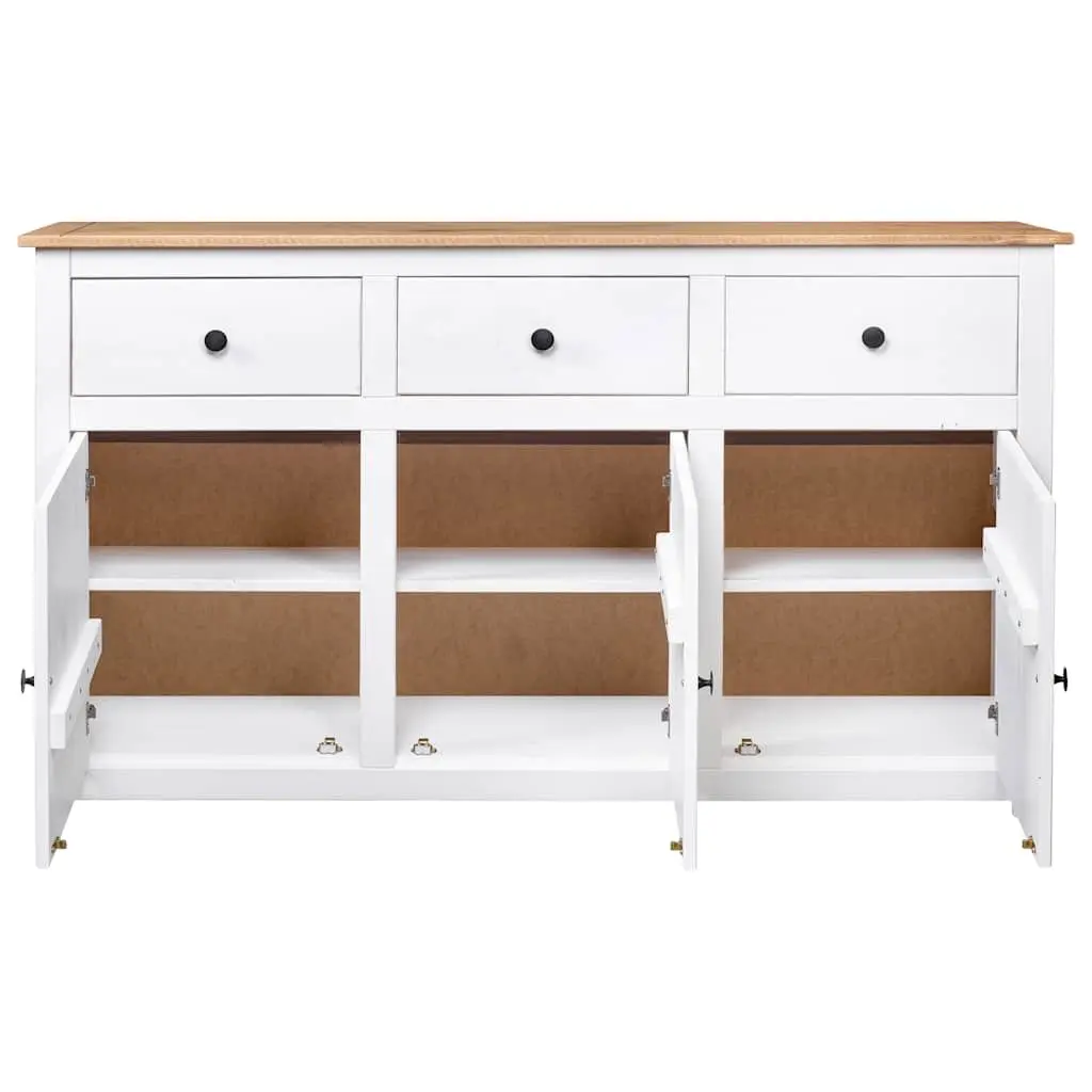 Sideboard Storage Cabinet for Home 135W x 40D x 80H cm White Solid Pinewood with 3 Drawers and Display Compartment