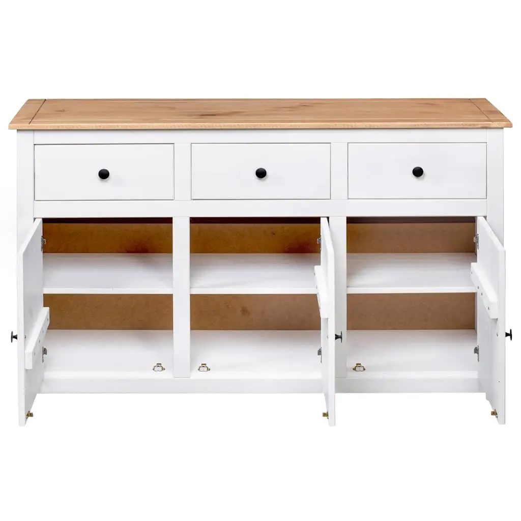Sideboard Storage Cabinet for Home 135W x 40D x 80H cm White Solid Pinewood with 3 Drawers and Display Compartment