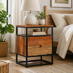 Reclaimed Wood Bedside Cabinet 40x30x50cm with Steel Frame