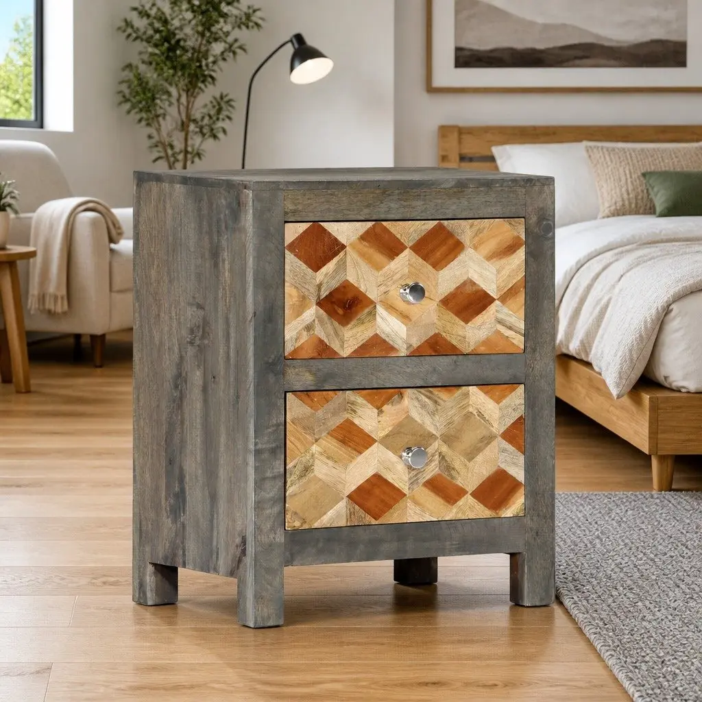 Bedside Cabinet Grey Nightstand 2 Drawers Solid Mango Wood Bedroom Storage Table