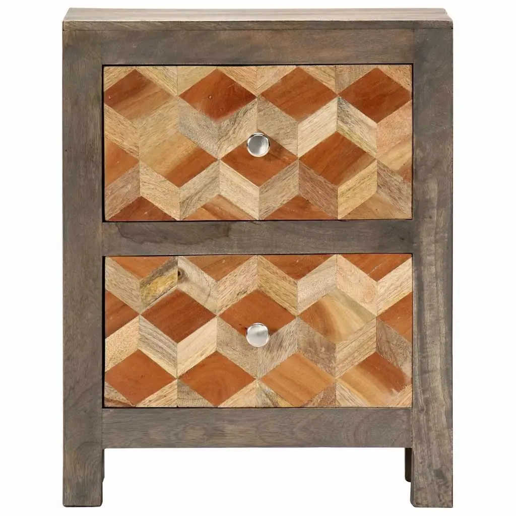 Bedside Cabinet Grey Nightstand 2 Drawers Solid Mango Wood Bedroom Storage Table
