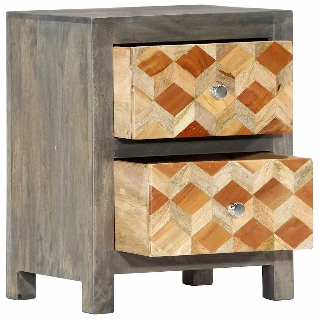 Bedside Cabinet Grey Nightstand 2 Drawers Solid Mango Wood Bedroom Storage Table