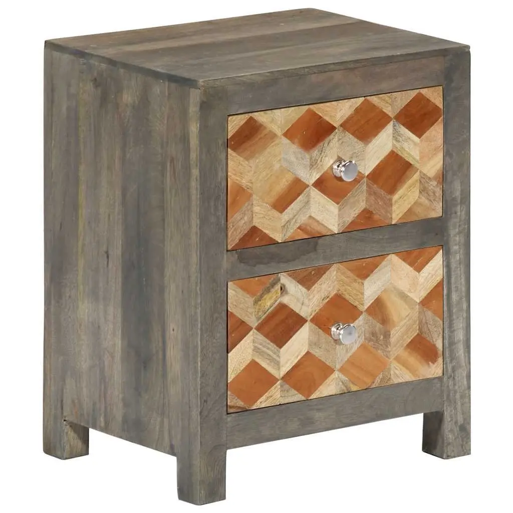 Bedside Cabinet Grey Nightstand 2 Drawers Solid Mango Wood Bedroom Storage Table