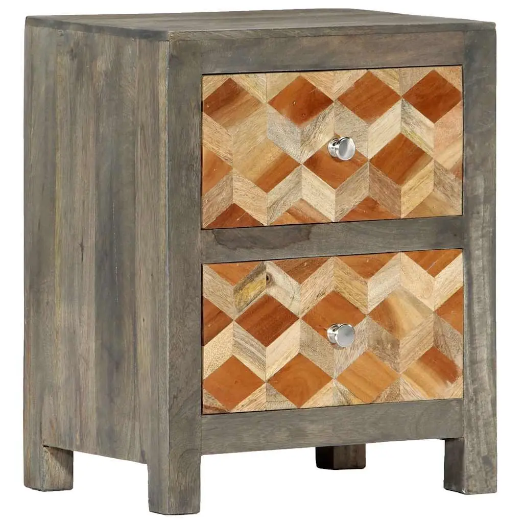 Bedside Cabinet Grey Nightstand 2 Drawers Solid Mango Wood Bedroom Storage Table