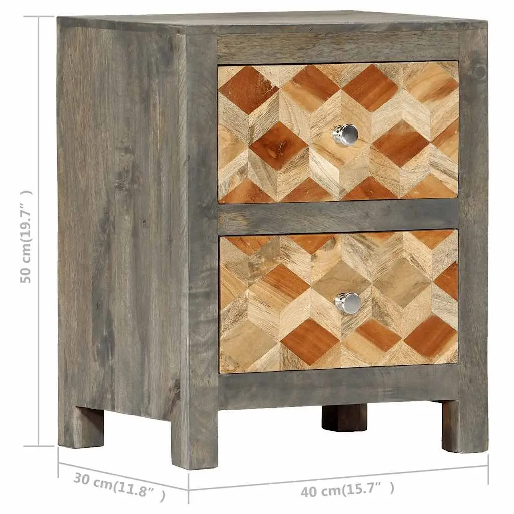 Bedside Cabinet Grey Nightstand 2 Drawers Solid Mango Wood Bedroom Storage Table